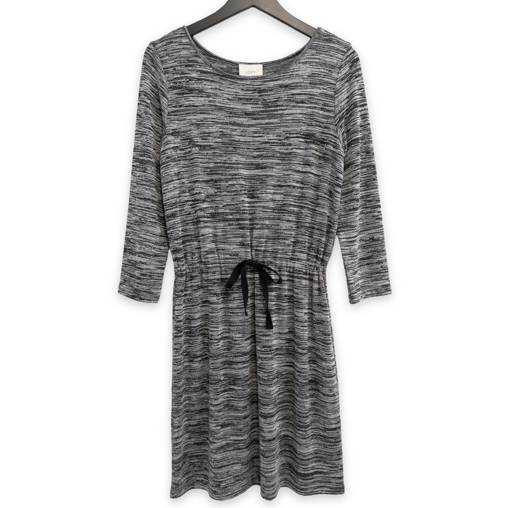LOFT Heathered Knit Dress Women S Gray 3/4 Sleeve Elastic Waist‎ Modest Casual